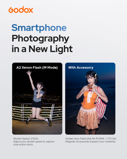 Godox A2 スマートフォン用フラッシュ キセノンストロボ TTL自動調光 HSS 1/8000秒 MagSafe対応 LED補助光 NFC接続 iPhone対応