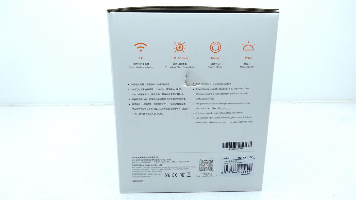 【アウトレット品】Godox MS300-V MS300V スタジオフラッシュ 300Ws GN58 110V 2.4G Bowensマウント 5600±200K 150Wモデリングランプ 日本語説明書 変換タップ クロス付