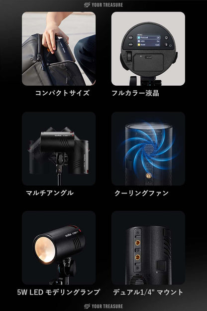 Godox AD100ProII 100Ws ラウンドヘッドモノライト フル発光490回 16カラーGR表示 5WLEDモデリングランプ TTL 1/8000s HSS 2.4G フラッシュ ストロボ ライト カラースクリーン