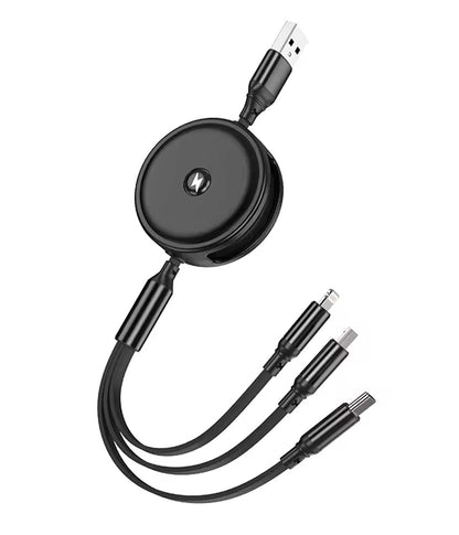 3in1 充電ケーブル 巻き取りリール式 3台同時給電可能 充電専用 マルチケーブル 120cm iPhone Android Switch【ライトニング/USB-C/Micro USB端子対応】