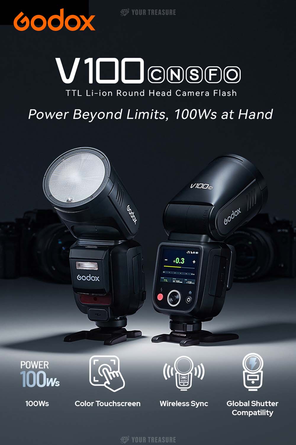 Godox V100 V100-O for Olympus TTL リチウムイオン ラウンドヘッド フラッシュ 100W リサイクルタイム1.7秒 400回フルパワー 2.4G 【日本語説明書/技適マーク】