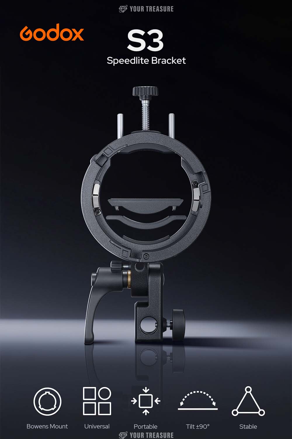 Godox S3ブラケット Bowens ボーエンズマウント 軽量 折り畳み 角度調整可能 AD100Pro AD300Pro V100 V860III対応