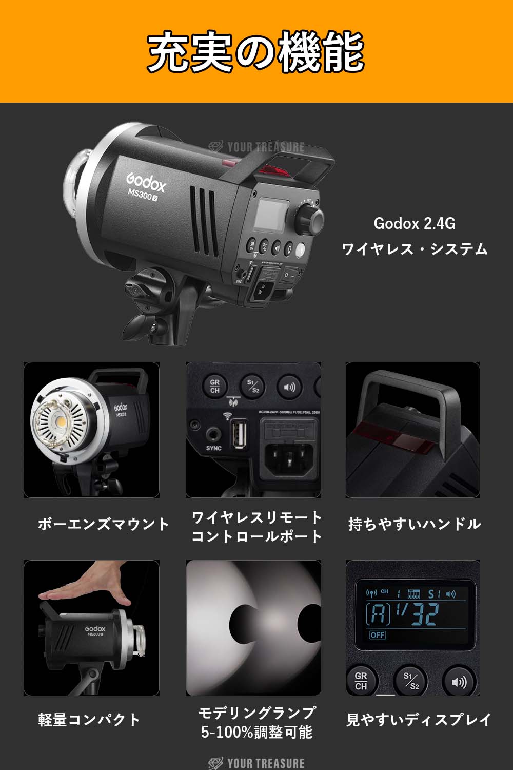 【アウトレット品】Godox MS300-V MS300V スタジオフラッシュ 300Ws GN58 110V 2.4G Bowensマウント 5600±200K 150Wモデリングランプ 日本語説明書/クロス付/変換タップ AD-R6リフレクター付