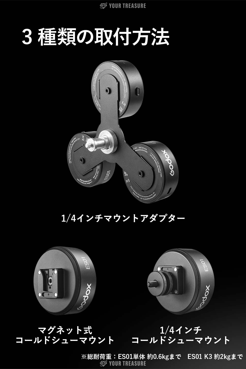 Godox ES01 電動吸盤マウント 真空吸着式 ストロボ・LEDライト対応 1/4インチネジ対応 ガラス・金属面固定 撮影アクセサリー【iT32 V480 AD300ProII対応】