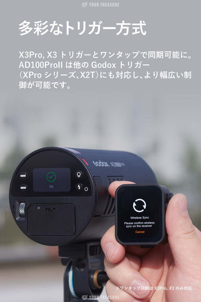 Godox AD100ProII 100Ws ラウンドヘッドモノライト フル発光490回 16カラーGR表示 5WLEDモデリングランプ TTL 1/8000s HSS 2.4G フラッシュ ストロボ ライト カラースクリーン