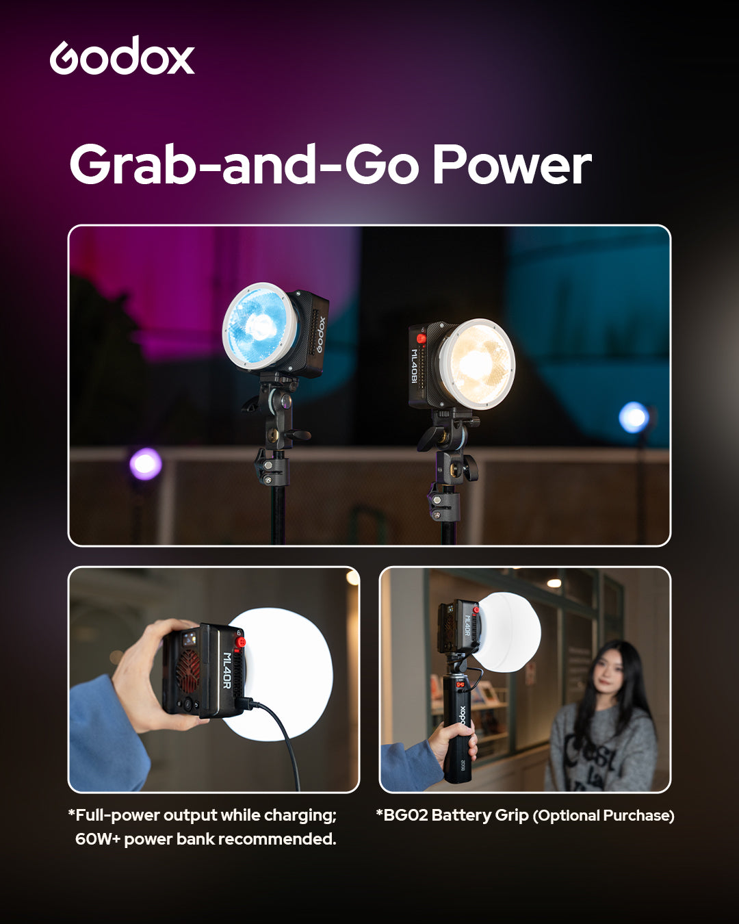 Godox ML40R LEDビデオライト RGB フルカラー 1800K-10000K バッテリー