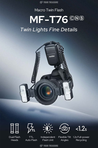 Godox MF-T76 マクロツインフラッシュ ストロボ TTL 76Ws GN22.4 4800K±300K USB-C充電 2980mAh レンズアダプターリング8個