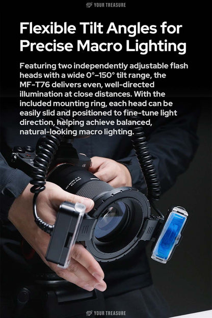 Godox MF-T76 マクロツインフラッシュ ストロボ TTL 76Ws GN22.4 4800K±300K USB-C充電 2980mAh レンズアダプターリング8個