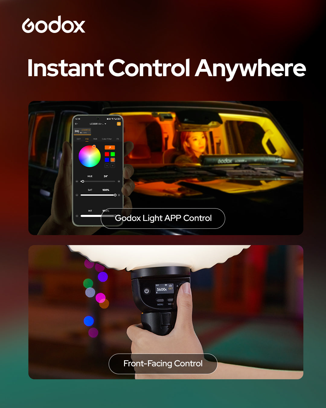 Godox LC500R Air RGB LEDライトスティック エアー式ライト 2800K-10000K アプリ操作対応 14種FX搭載 CRI96 TLCI98 バッテリー内蔵 USB-C ハンドヘルド撮影 動画撮影 配信 撮影照明